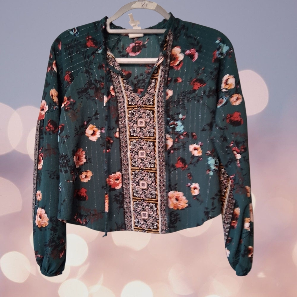 Self Esteem Women's Long Sleeve Floral Semi Sheer Blouse Size XS Cropped